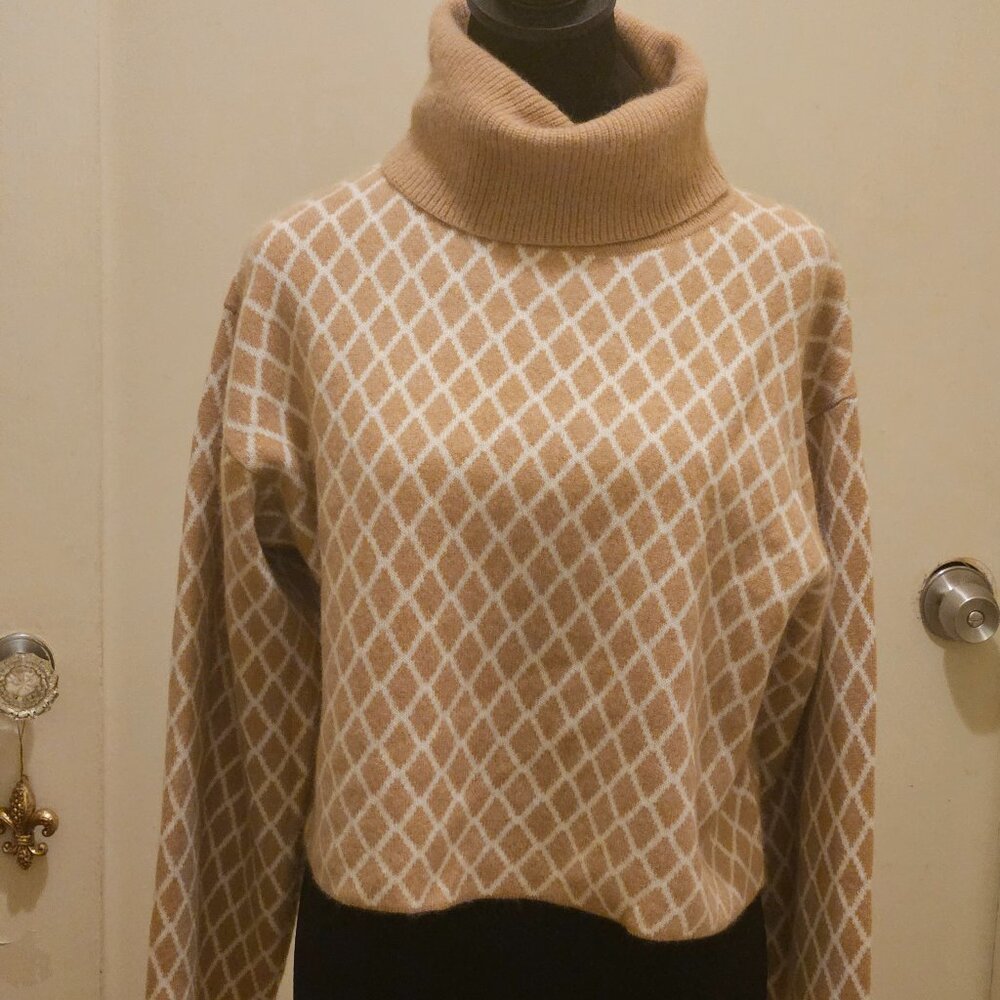 CRUSH. XL 100% Cashmere Cropped Cowl Neck Diamond Patterned Sweater NWT